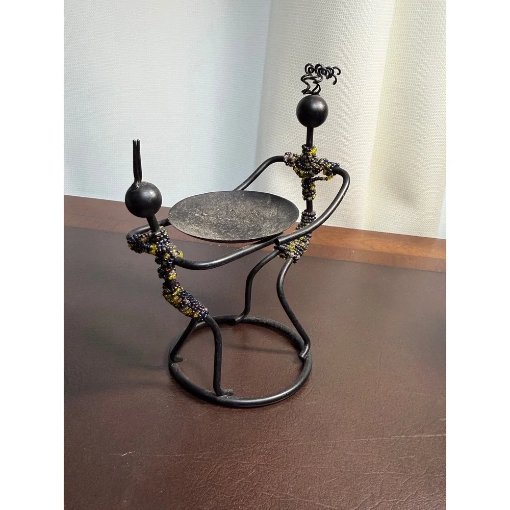 Vintage Wrought Iron Beaded Tribal Figure Candle Holder Black Metal Folk Art